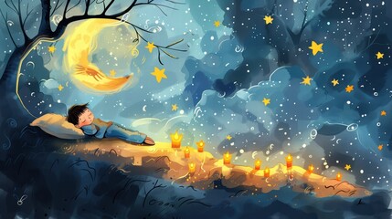 Fototapeta premium Symbolic image of insomnia disrupting the quiet peace of a starry night