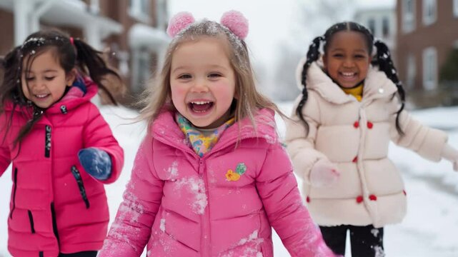3 enfants qui courent dans la neige face cam&eacute;ra.