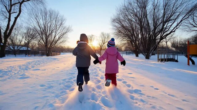 2 enfants courant dans la neige avec un beau soleil et un beau ciel.