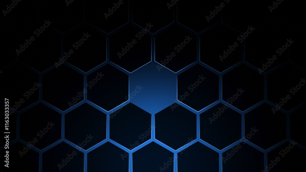 Poster black hexagon grid pattern on blue background, bright light coming from below. technology, connectio