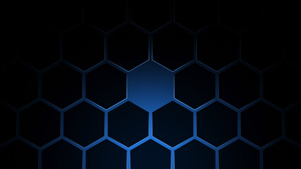 Black hexagon grid pattern on blue background, bright light coming from below. Technology, connection and data concept. High resolution full frame abstract and modern background with copy space.