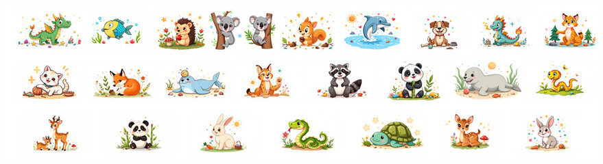 Cute cartoon animals and mythical creatures on white background