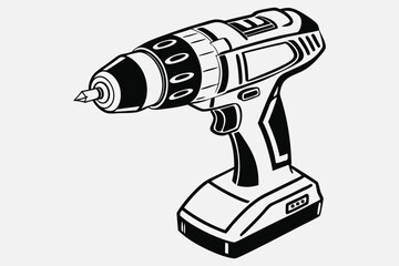 A black and white illustration of a cordless power drill.