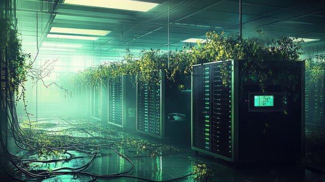 Overgrown server room, nature reclaiming technology.