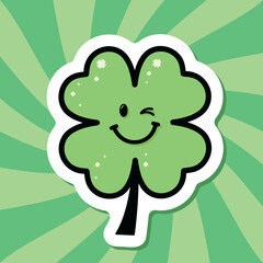 clover leaf emoji sticker, cute green badge on groovy background, retro style vector illustration for St Patrick s Day