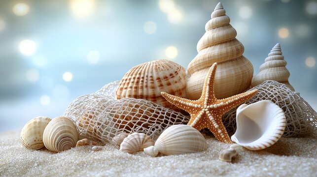  seashells and a starfish on sand with a mesh net.
