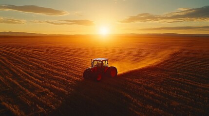 Tractor Harvesting Wheat Field Sunset Landscape