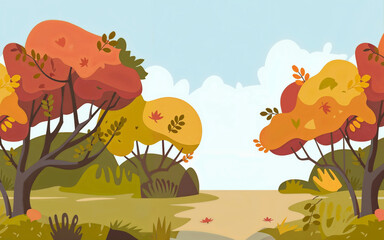 Autumn path through stylized cartoon forest with orange, red and yellow trees, illustrated landscape with curvy branches and decorative leaves against light blue sky with white clouds