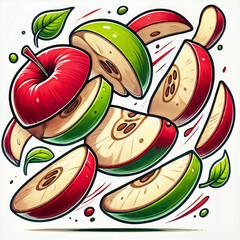 Dynamic illustration of sliced red and green apples in cartoon style with floating pieces and decorative leaves. Ideal for food-related designs and healthy lifestyle content