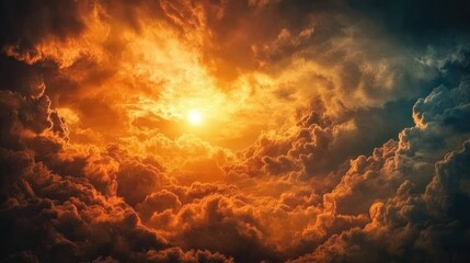 A dramatic sunset behind swirling clouds, showcasing vibrant colors and atmospheric depth.