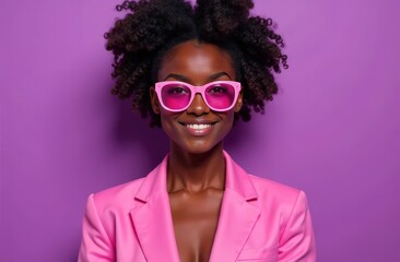 Fashion young african girl black woman wear stylish pink glasses clothes looking at camera isolated on party purple studio background