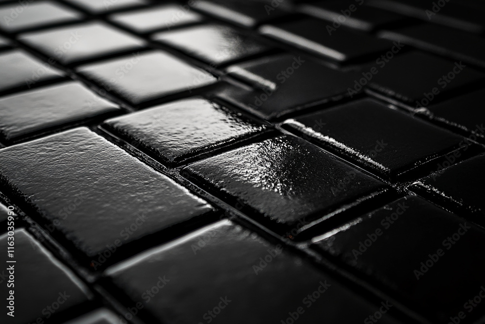Poster Glossy black tiles with reflective surface creating a modern abstract geometric pattern