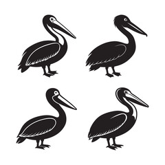 Set of Pelican Bird silhouette, black and white silhouette, vector and illustration