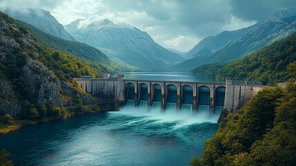 Majestic Dam Overflows into Mountainous Reservoir