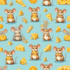 Obraz premium A playful cheese pattern with cute mice holding cheese wedges on a light blue background