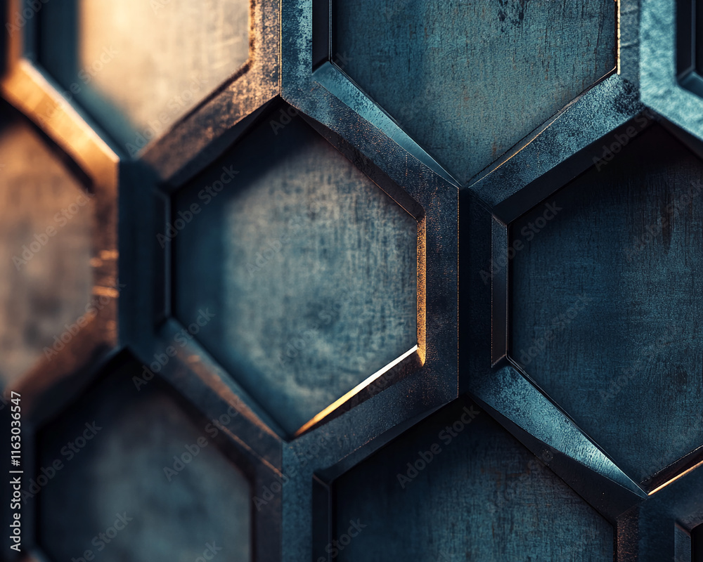 Poster abstract metallic hexagonal pattern with golden and blue highlights