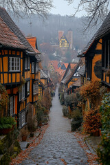 Photo r&eacute;aliste professionnelle d&rsquo;une place de village m&eacute;di&eacute;val pittoresque, entour&eacute;e de maisons &agrave; colombages, avec des rues pav&eacute;es menant &agrave; un ch&acirc;teau lointain en arri&egrave;re-plan
