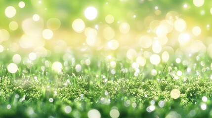 Obraz premium A blurred background of grass and soft bokeh lights, evoking a tranquil, natural atmosphere.