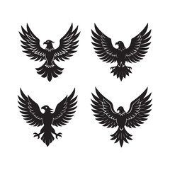 set of majestic eagle with wings silhouette, black and white silhouette, vector and illustration 