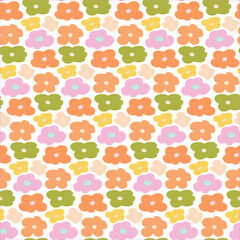 Seamless Pastel Floral Pattern with Orange, Green, Pink, Yellow Flowers on White Background