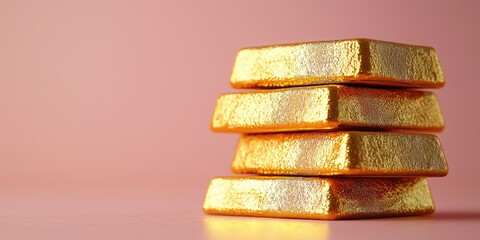 Four gold bars are stacked elegantly, reflecting light beautifully against a subtle pink background, showcasing the allure and symbolism of wealth and prosperity