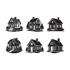 set of house silhouette, black and white silhouette, vector and illustration