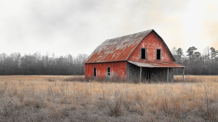 Fototapeta premium Rusted Red Barn in a Winter Field