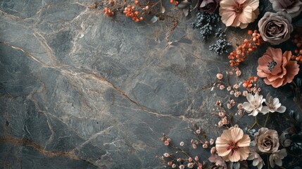 Dark Marble Background With Autumnal Floral Arrangement