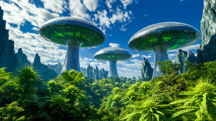 Futuristic alien society using bio technology in green planet landscape
