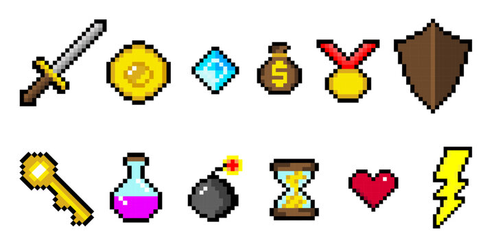 Set of pixel gaming icons. Game in 8-bit style. 
Pixel elements apple, coin, crystal, sword, shield, potion, heart. Items for retro video games. Vector