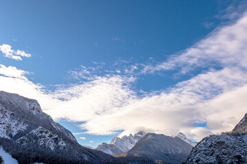 Landscape photo of mountain peaks of Julian Alps, winter time in Slovenia