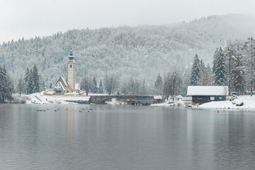 Scenic winter view of Bohinj lake in Gorenjska, Julian alps