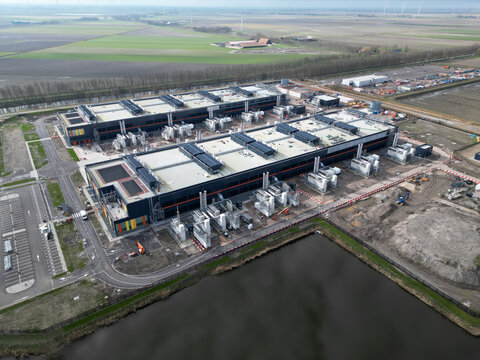 Aerial view of a large datacenter in Noord Holland, The Netherlands