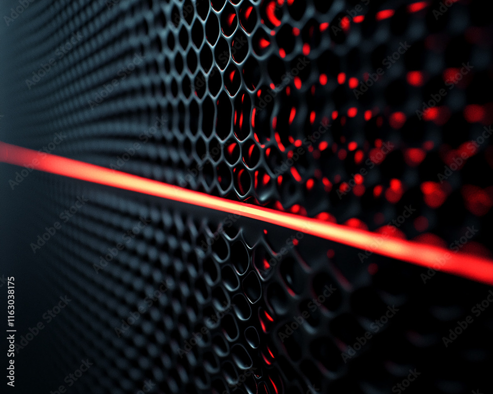 Poster abstract futuristic honeycomb design with glowing red lights and dark metallic textures