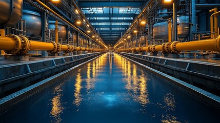 Obraz premium Industrial Water Channel Reflecting Lights At Night