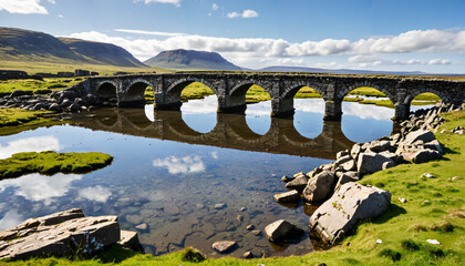 Pont en arc historique entre collines et rivi&egrave;re