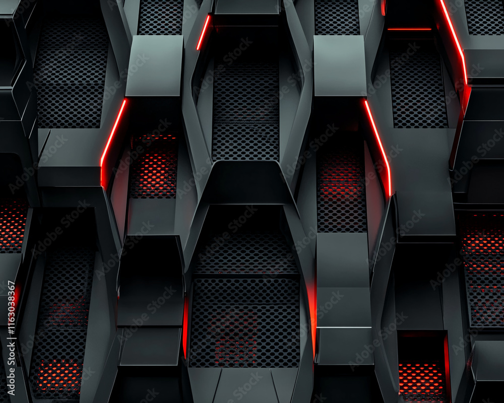 Poster Futuristic architectural design with red glowing accents and dark metallic structures