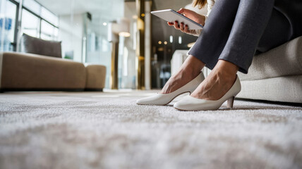A businesswoman holds a tablet in one hand while jotting down notes in a luxurious office featuring modern decor, showcasing her multitasking skills and professionalism.