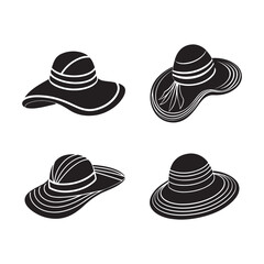 Set of Women summer hat silhouette, black and white silhouette, vector and illustration
