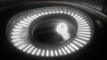 A top down view of a spiral staircase in black and white