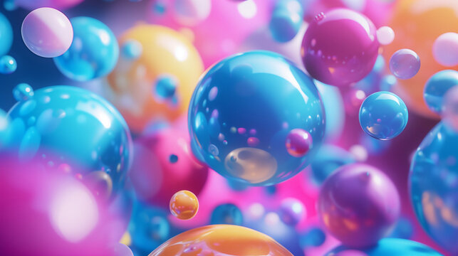 Colorful 3D Bubble Illustration with Vibrant Spheres on Pink and Blue Background for Abstract Art and Design Projects