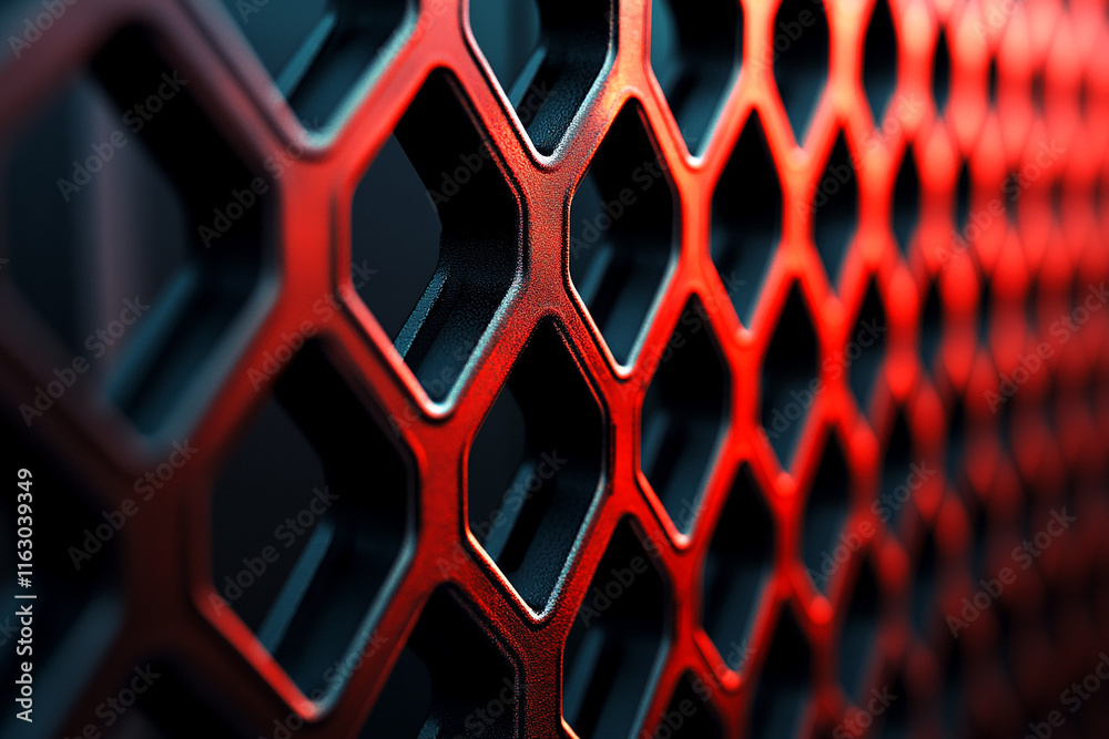 Poster Modern abstract macro of a geometric red and black surface with hexagonal grid design and futuristic texture