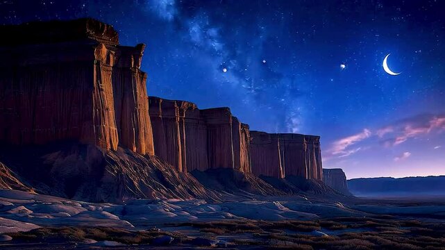a rocky landscape  with  a crescent moon  and  stars  in the sky.