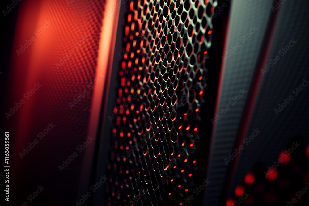 Aufkleber close-up of a futuristic black and red honeycomb surface with dramatic lighting and modern design el