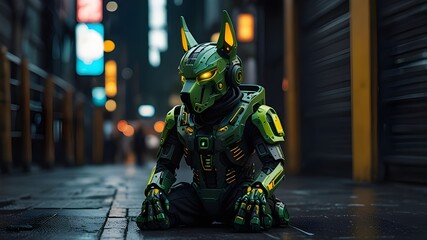 Naklejka premium robot in front of graffiti wall