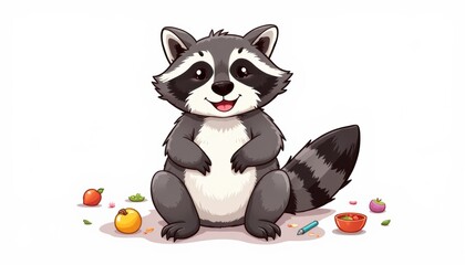 Obraz premium Cute cartoon raccoon sitting with playful accessories doodles