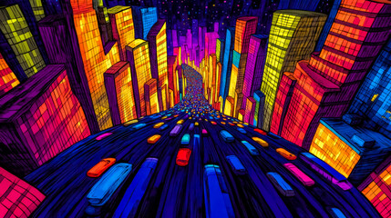 Obraz premium Colorful metropolis at night with traffic flowing on a winding road