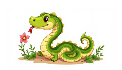 Fototapeta premium Playful cartoon snake coiled with leaves and floral doodles