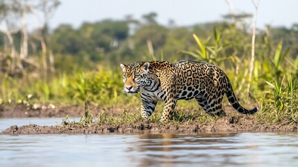 Majestic jaguar walking by the water.