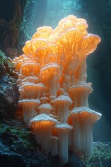 Lion's Mane mushrooms, illuminated by ethereal light on a rich, dark background